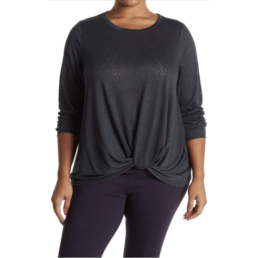 Bobeau Womens T-Shirt Gray Heathered Long Sleeve Stretch Twist Front Hem 1X